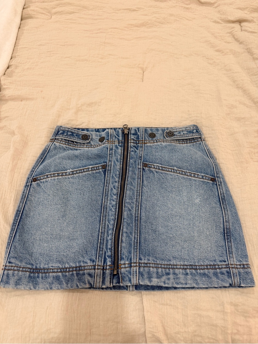 Light Blue Denim Front-Zip A-Line Mini Skirt